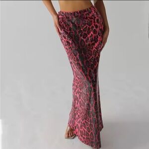New Sequin Leopard Print Maxi Skirt - Red and Black